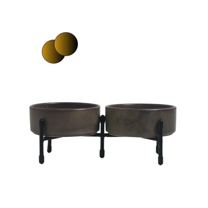 Toprak renkli metal ayaklı çift taraflı seramik mama ve su kapları