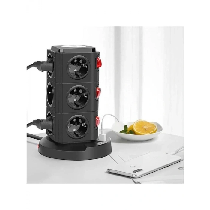 Tower Tipi Akım Korumalı Priz, 12 Prizli ve 4 USB Girişli