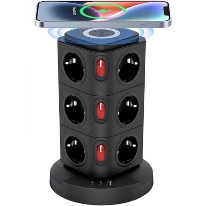 Tower Tipi Akım Korumalı Priz, 12 Prizli ve 4 USB Girişli