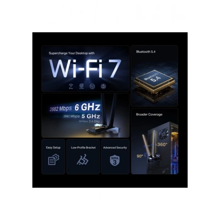 TP-Link Archer TBE400E | Wi-Fi 7 & Bluetooth 5.4 PCIe Adaptör | BE6500 Mbps | WPA3 Güvenlik | MU-MIMO | Harici Anten | Yüksek Çekim Güçlü | Hızlı Kurulum | Bluetooth & Wi-Fi Alını Tek Cihazda