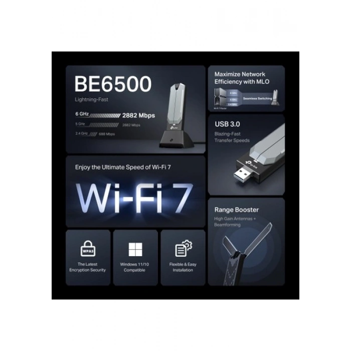 TP-Link Archer TBE400UH | Wi-Fi 7 USB Adaptör | BE6500 Mbps | Tri-Band | USB 3.0 | MU-MIMO & OFDMA | Çoklu Bağlantı | Geniş Menzil | Online Oyun İçin İdeal | Kolay Kurulum | Yüksek Çekim Gücü