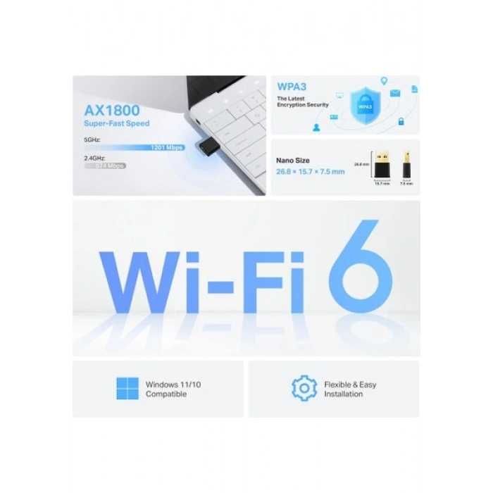 TP-Link Archer TX20U Nano | Wi-Fi 6 Nano USB Adaptör | AX1800 Mbps | Çift Bant | MU-MIMO | USB 3.0 | WPA3 | Windows 10/11 Uyumlu | Kolay Kurulum