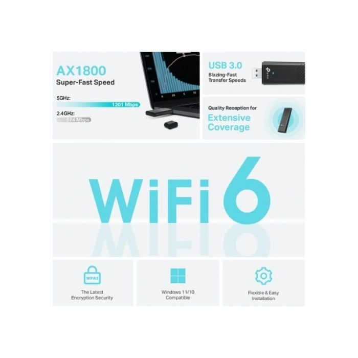 TP-Link Archer TX20U | Wi-Fi 6 USB Adaptör | AX1800 Mbps | Çift Bant | MU-MIMO | USB 3.0 | WPA3 | Kolay Kurulum | Windows 11/10