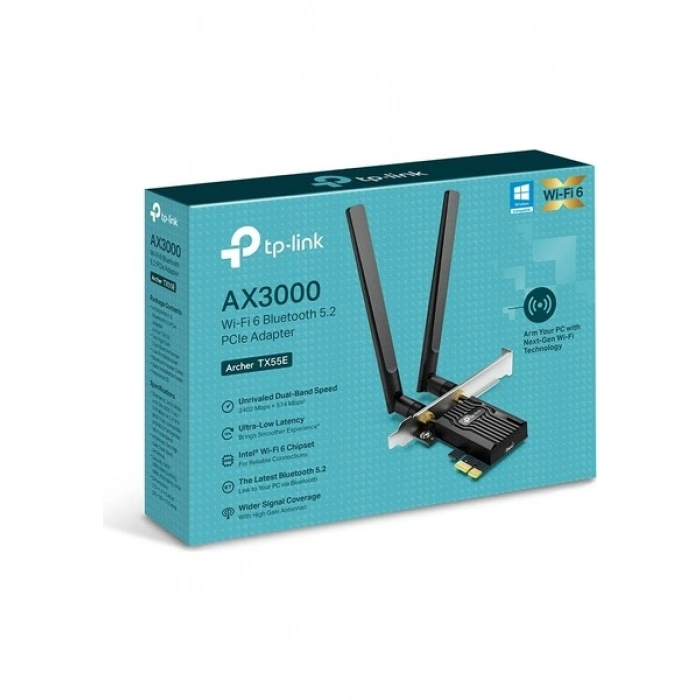 TP-Link Archer TX55E | Wi-Fi 6 & Bluetooth 5.2 PCIe Adaptör | AX3000 Mbps | Intel Yonga Seti | İki Anten & Özel Soğutucu | 1024-QAM | Ultra Düşük Gecikme | Windows 10/11 Uyumlu