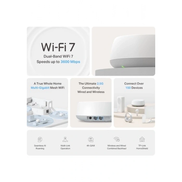 TP-Link Deco BE25 (3-Pack) | Wi-Fi 7 Mesh Sistemi | BE3600 Mbps | Fiber Uyumlu | Çift Bant | AI-Roaming | 2.5 Gbps Port | 200 Cihaz | WPA3 | VPN | Mobil Uygulama ile Kolay Kurulum
