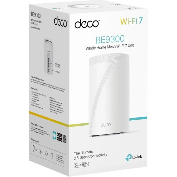 TP-Link Deco BE65 (1-Pack) | Wi-Fi 7 Mesh Sistemi | BE9300 Mbps | Fiber Uyumlu | Üç Bant | AI-Roaming | 2.5 Gbps Port | 6 GHz | 200 Cihaz | WPA3 | VPN | Mobil Uygulama ile Kolay Kurulum