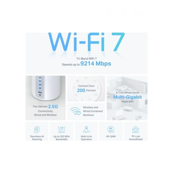 TP-Link Deco BE65 (1-Pack) | Wi-Fi 7 Mesh Sistemi | BE9300 Mbps | Fiber Uyumlu | Üç Bant | AI-Roaming | 2.5 Gbps Port | 6 GHz | 200 Cihaz | WPA3 | VPN | Mobil Uygulama ile Kolay Kurulum
