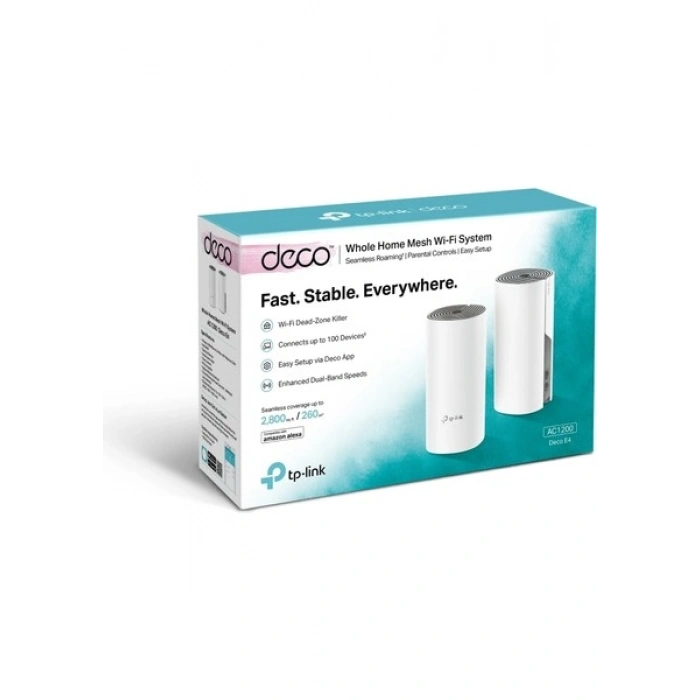 TP-Link Deco E4 (2-Pack) | Wi-Fi 5 Mesh Sistemi | AC1200 Mbps Hız | Fiber Uyumlu | Çift Bant | 100 Mbps Port | 100 Cihaz | 260 m² Kapsama | WPA3 | Mobil Uygulama ile Kolay Kurulum