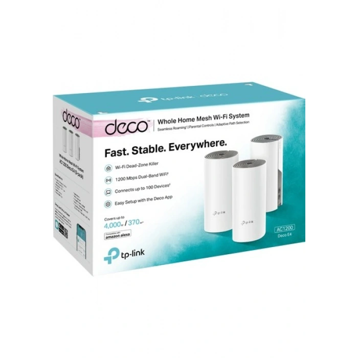 TP-Link Deco E4 (3-Pack) | Wi-Fi 5 Mesh Sistemi | AC1200 Mbps Hız | Fiber Uyumlu | Çift Bant | 100 Mbps Port | 100 Cihaz Desteği | 370 m² Kapsama | WPA3 | Mobil Uygulama ile Kolay Kurulum