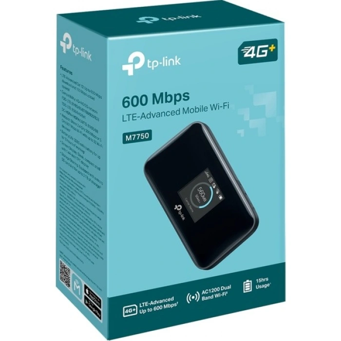 Tp-Link M7750 | 600 Mbps Lte-Advanced Mobile Wi-Fi | CAT12 Destekli | Çift Bant (867 Mbps + 300 Mbps), 32 Cihaz Bağlantısı | 3280 Mah Batarya | Ekran Göstergeli, Microsd Destekli