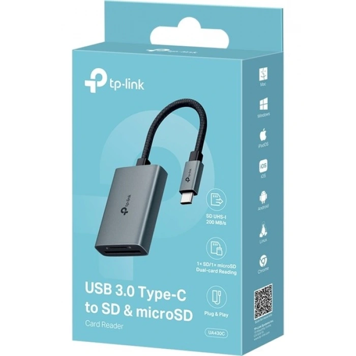 TP-Link UA430C | USB 3.0 Type-C SD & microSD Kart Okuyucu | 200MB/s UHS-I Hız | Çift Kart Okuma/Yazma | 2TB’a Kadar Destek | Tak & Kullan | Dayanıklı Alüminyum Kasa