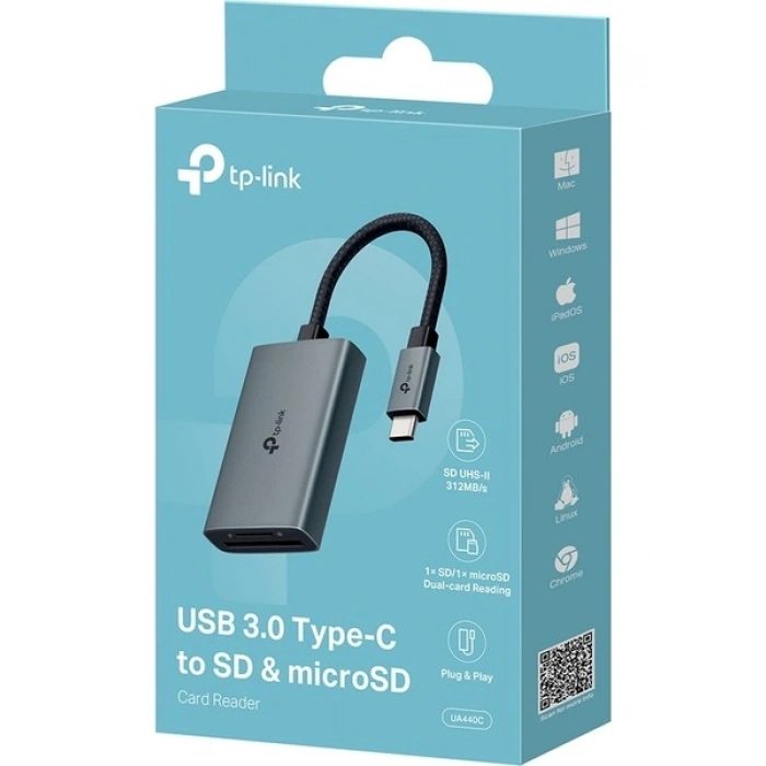TP-Link UA440C | USB 3.0 Type-C SD & microSD Kart Okuyucu | 312MB/s UHS-II Hız | Çift Kart Okuma/Yazma | 2TB’a Kadar Destek | Tak & Çalıştır | Dayanıklı Alüminyum Kasa