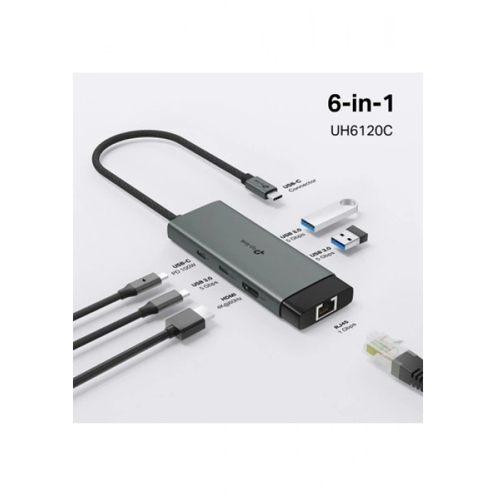 TP-Link UH6120C | USB-C 6-in-1 Hub | 4K@60Hz HDMI | 1 Gbps Ethernet | 100W Hızlı Şarj | USB-C & USB-A Data Portları | SD/microSD Uyumlu | Tak & Çalıştır | Windows | Mac | Linux & Mobile Uyumlu