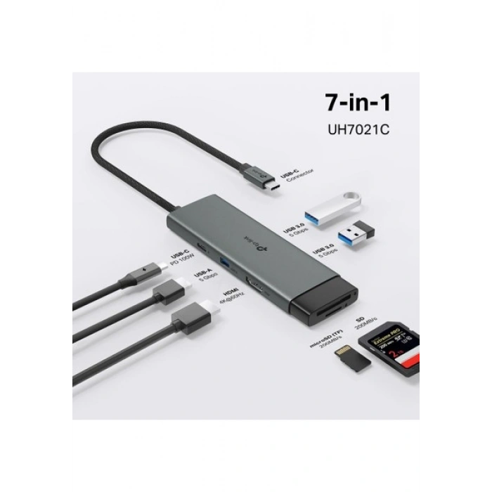 Tp-Link UH7021C | Usb-C 7’si 1 Arada Hub | 4K@60Hz Hdmı, 100W Pd, 3× USB 3.0, Sd & Microsd Uhs-I (200 Mb/s), Tak-Çalıştır, Alüminyum Tasarım