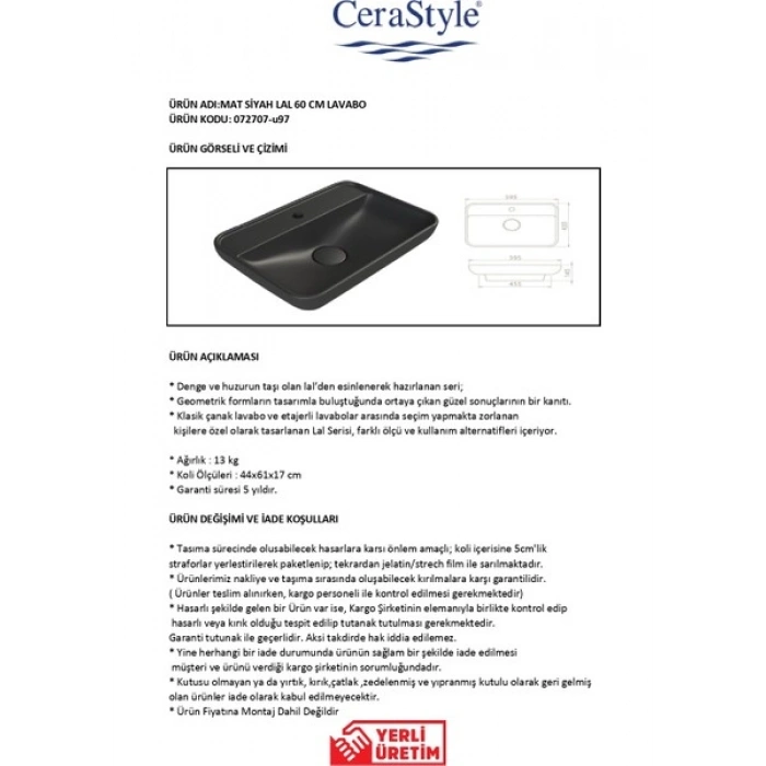 Turkuaz Mat Siyah Lal 60 cm Lavabo