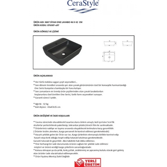 Turkuaz Mat Siyah One 46X42 cm Lavabo