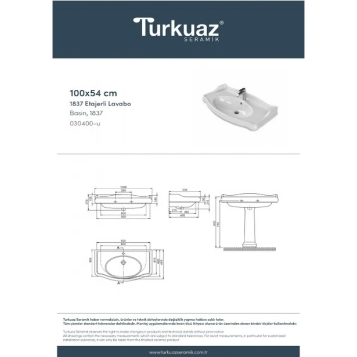 Turkuaz Seramik 1837 100 cm Etajerli Lavabo