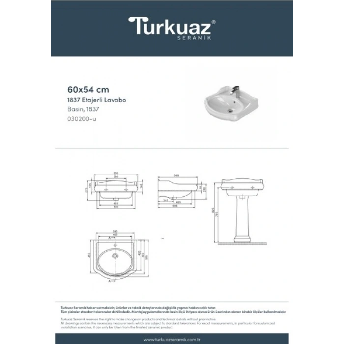 Turkuaz Seramik 1837 60 cm Etajerli Lavabo