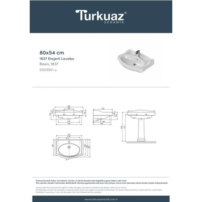 Turkuaz Seramik 1837 80 cm Etajerli Lavabo