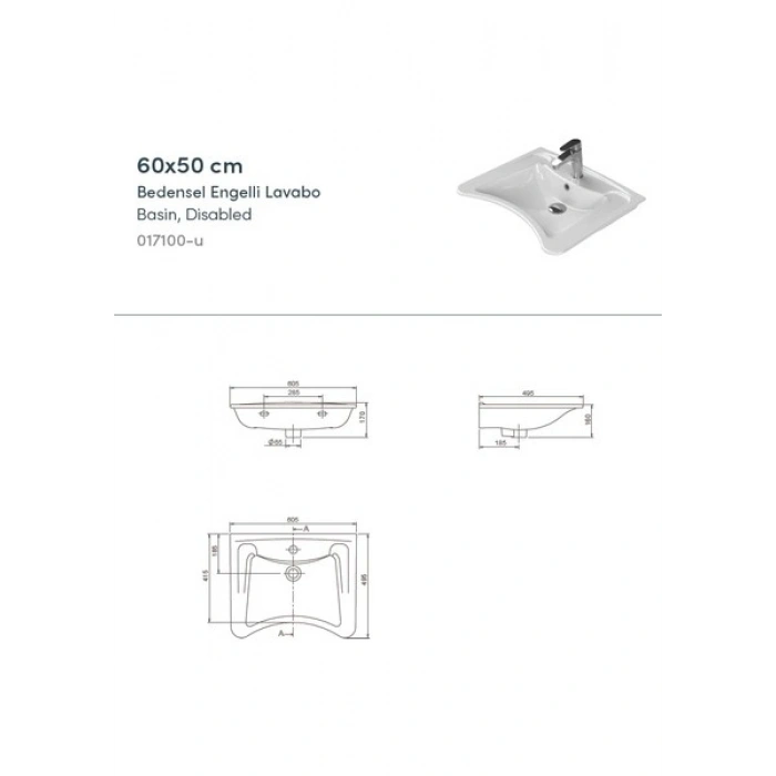 Turkuaz Seramik Bedensel Engelli 60 cm Lavabo