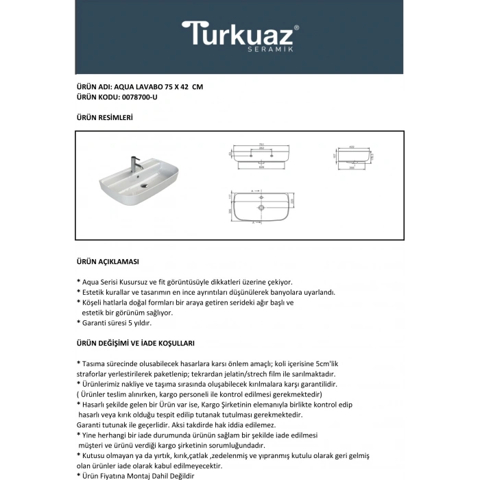 Turkuaz Seramik Cerastyle Aqua 75 x 40 cm Tezgah Üstü Çanak Lavabo