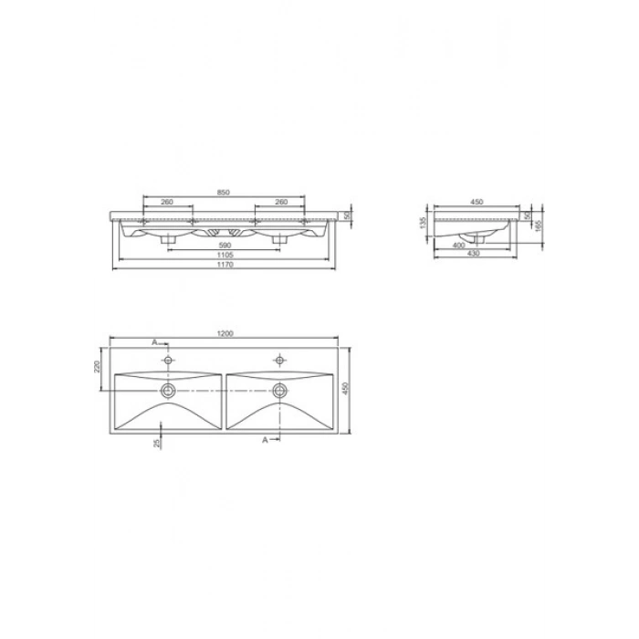 Turkuaz Seramik Cerastyle Elite 120 cm Etajerli Lavabo (Çift Hazneli Çift Delikli)