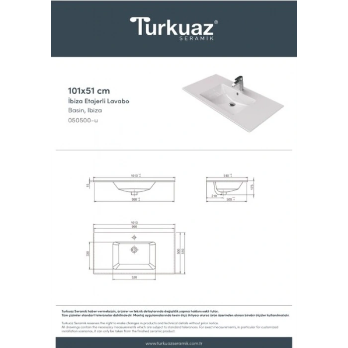 Turkuaz Seramik Ibiza 101 cm Etajerli Lavabo