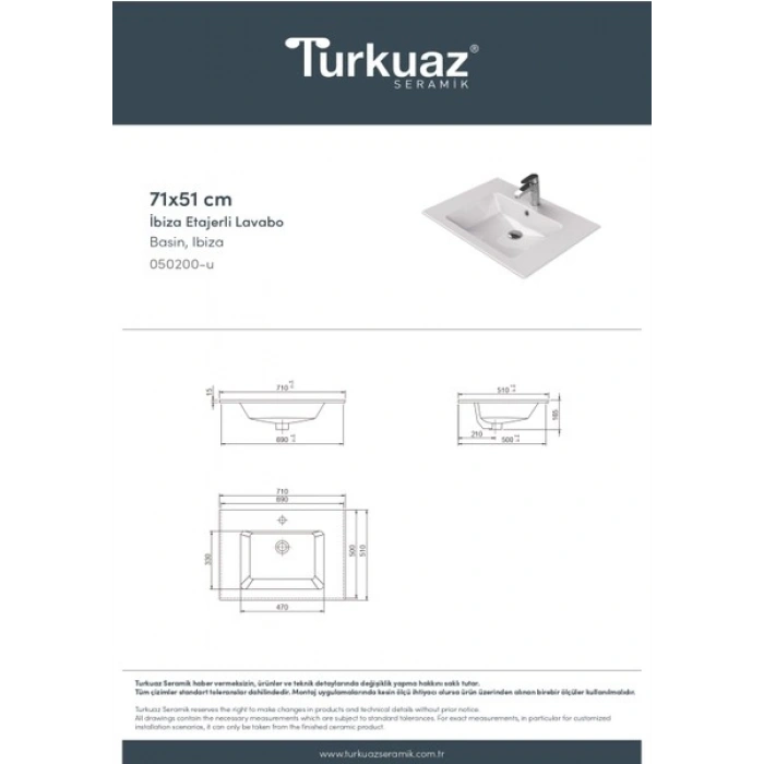 Turkuaz Seramik Ibiza 71 cm Etajerli Lavabo