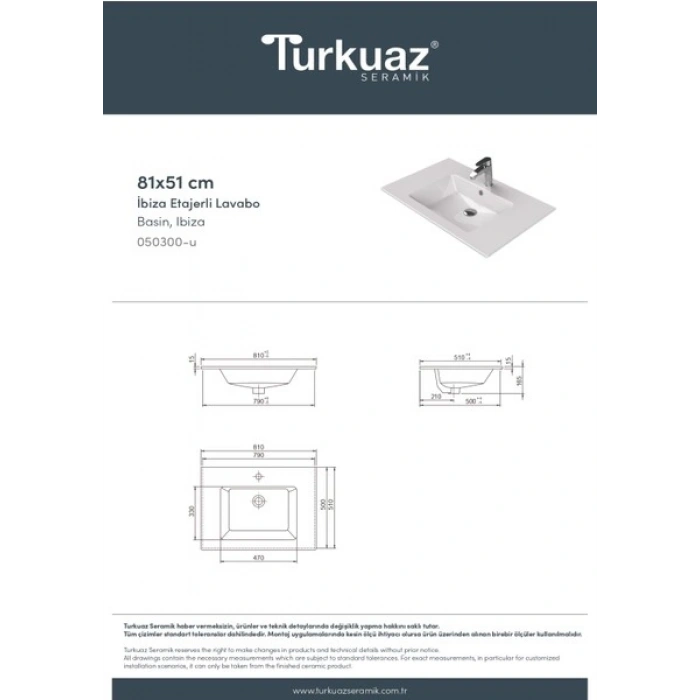 Turkuaz Seramik Ibiza 81 cm Etajerli Lavabo