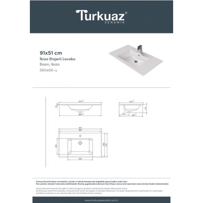 Turkuaz Seramik Ibiza 91 cm Etajerli Lavabo