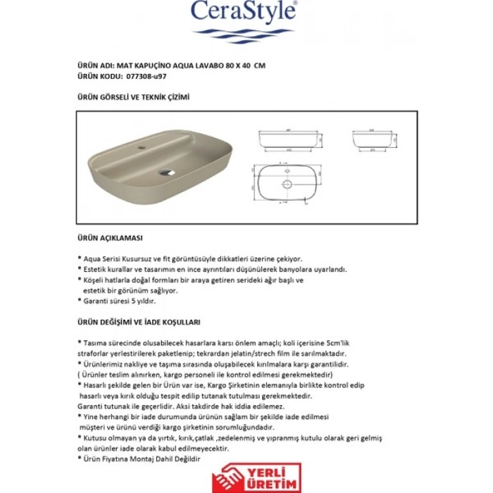 Turkuaz Seramik Mat Kapuçino Aqua 80 cm Lavabo