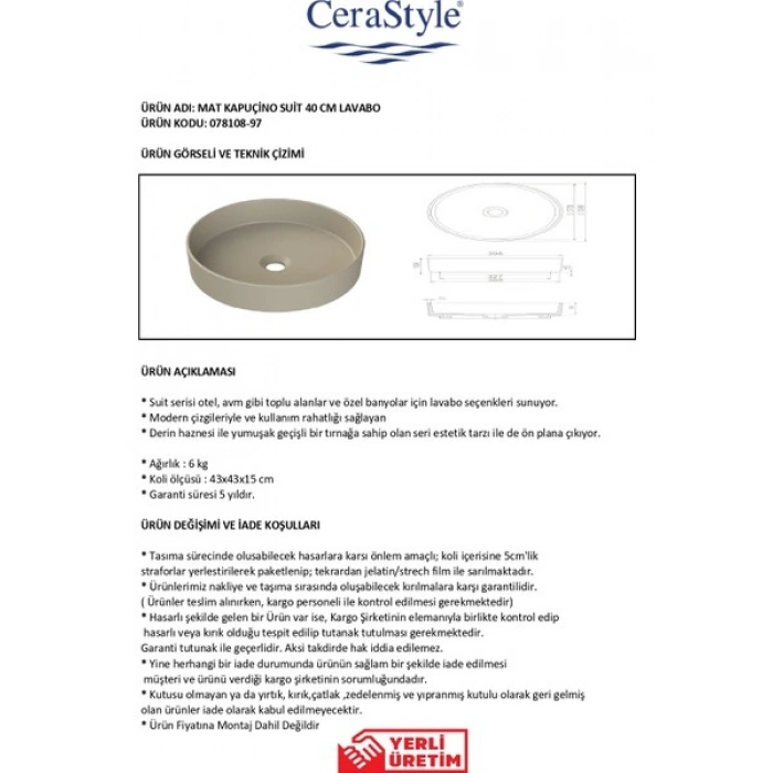 Turkuaz Seramik Mat Kapuçino Suit 40 cm Lavabo
