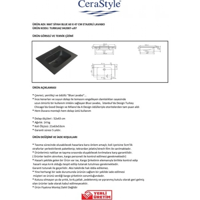 Turkuaz Seramik Mat Siyah Blue 60 cm Etajerli Lavabo