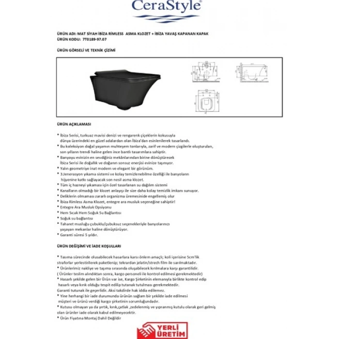 Turkuaz Seramik Mat Siyah Ibiza Rimless Asma Klozet+ Uf Kapak