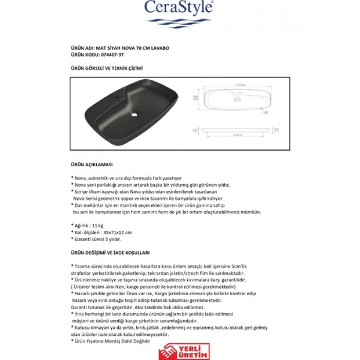 Turkuaz Seramik Mat Siyah Nova 70 cm Lavabo