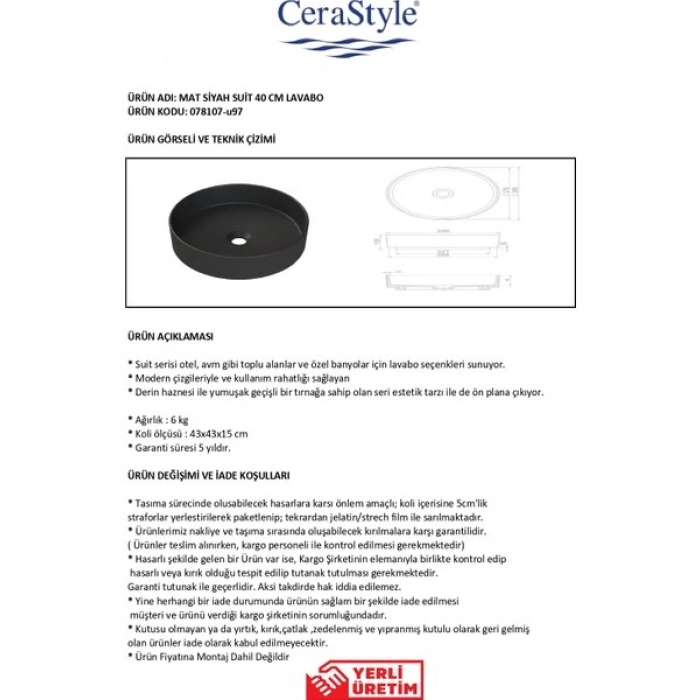 Turkuaz Seramik Mat Siyah Suit 40 cm Lavabo
