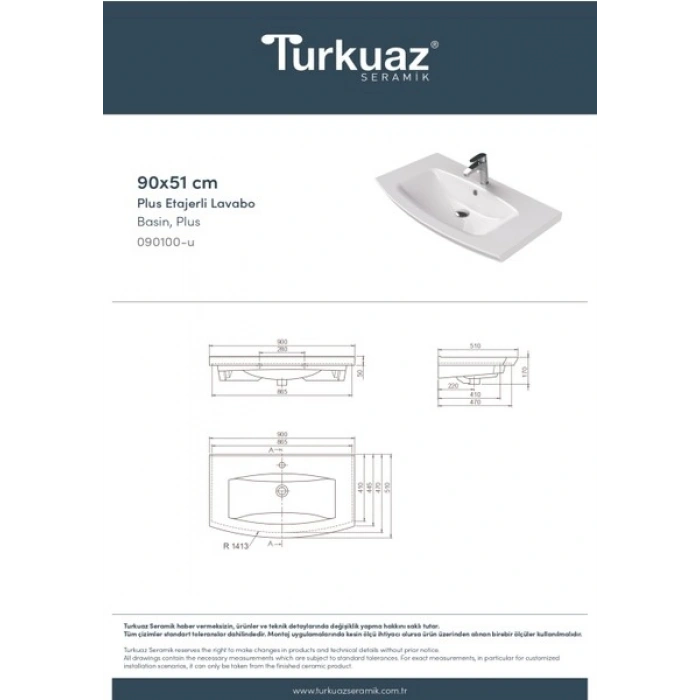 Turkuaz Seramik Plus 90 cm Etajerli Lavabo