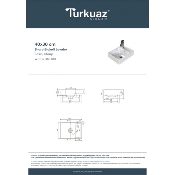 Turkuaz Seramik Sharp 40X30 cm Etajerli Lavabo