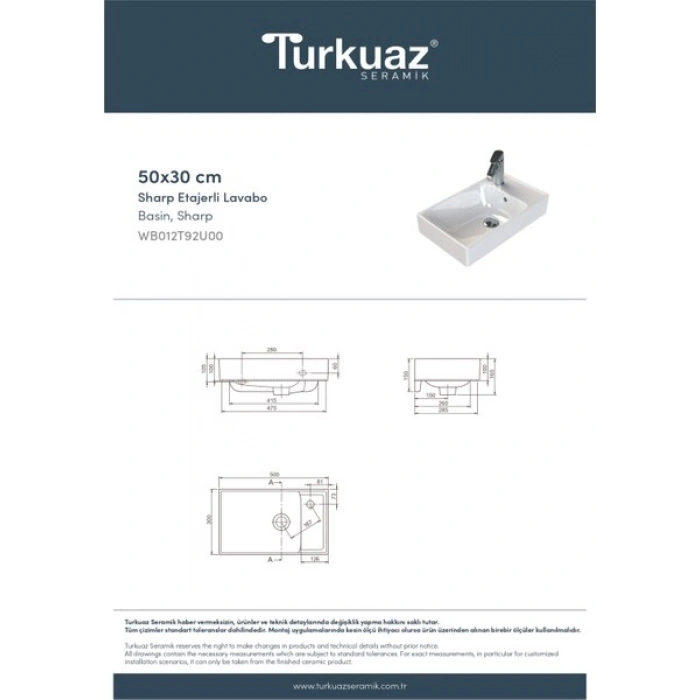 Turkuaz Seramik Sharp 50X30 cm Etajerli Lavabo