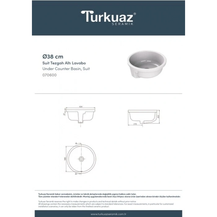 Turkuaz Seramik Suit 38 cm Tezgahaltı Lavabo
