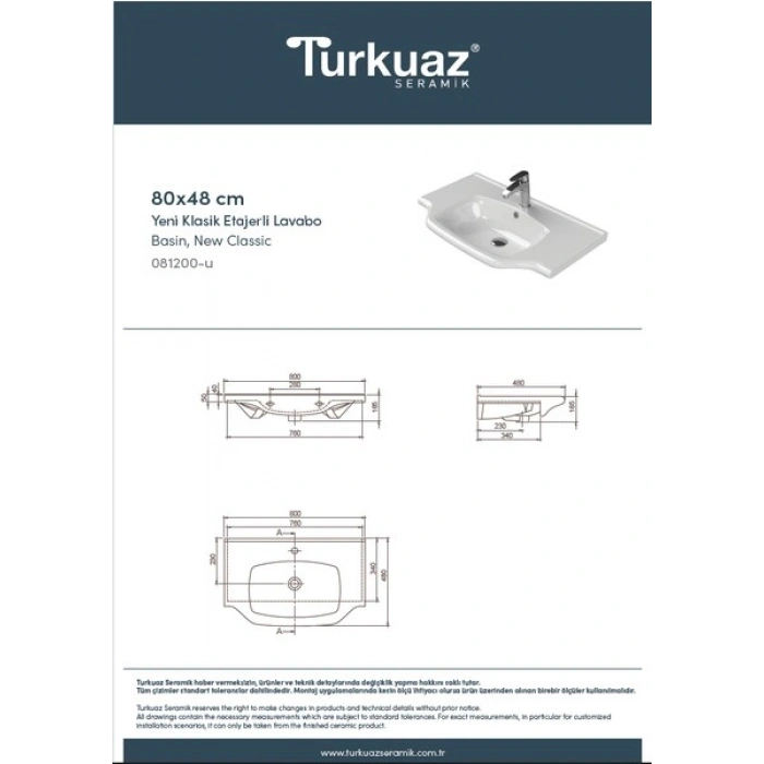 Turkuaz, Yeni Klasik 80X48 cm Lavabo