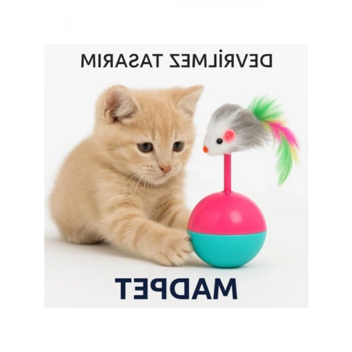 Tüylü Fareli Denge Topu - 2li Kedi Oyuncağı Seti, Devrilmez Taban, Renkli