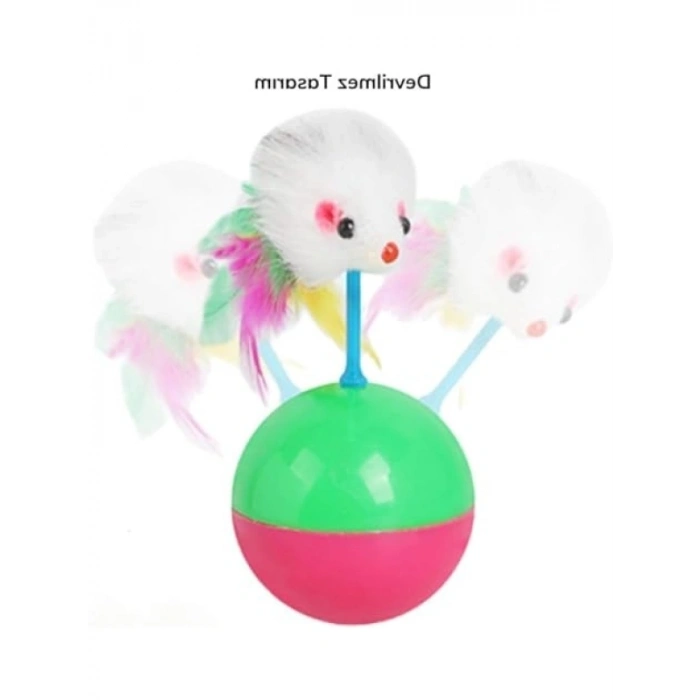 Tüylü Fareli Denge Topu - 2li Kedi Oyuncağı Seti, Devrilmez Taban, Renkli
