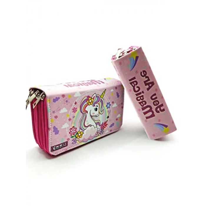 Üç Bölmeli Vegan Deri Kalem Kutusu - Unicorn Temalı