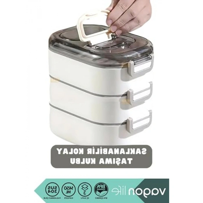 Üç Katlı 1450ml Çelik Sefer Tası, Mini Sosluklu ve 5 Bölmeli