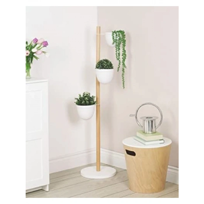 Üç Saksılı Bağımsız Çiçek Standı, Doğal/Beyaz