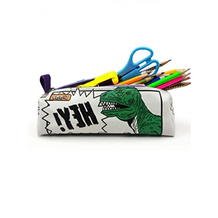 Üçgen Kalem Kutusu, Dinazor Desenli Jumbo Vegan Deri