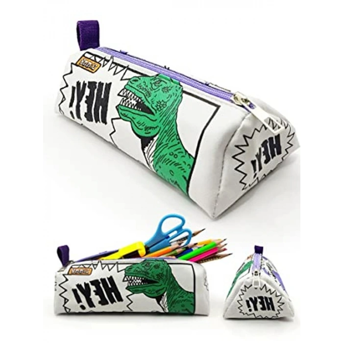 Üçgen Kalem Kutusu, Dinazor Desenli Jumbo Vegan Deri