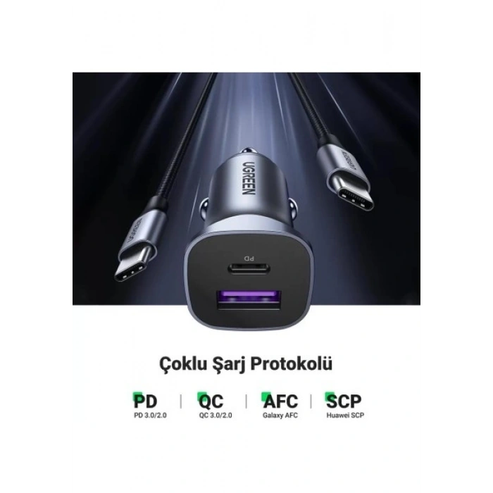 UGREEN 30W QC PD Alüminyum Araç Çakmaklık Şarj Cihazı 1xUSB-C, 1xUSB-A, Gri, 40858