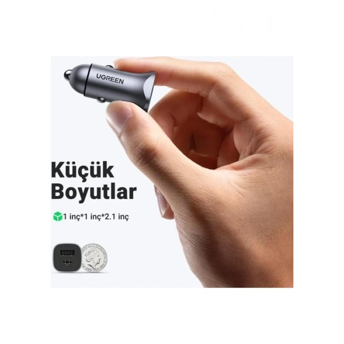 UGREEN 30W QC PD Alüminyum Araç Çakmaklık Şarj Cihazı 1xUSB-C, 1xUSB-A, Gri, 40858